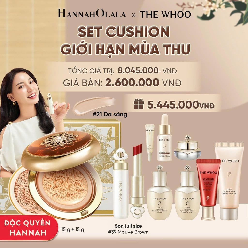  ĐỘC QUYỀN HANNAH OLALA - CUSHION NGỪA LÃO HÓA WHOO CHEONGIDAN ESSENCE CUSHION SPF50+/PA+++ - MÀU 21 - DEAL MỚI - A134 
