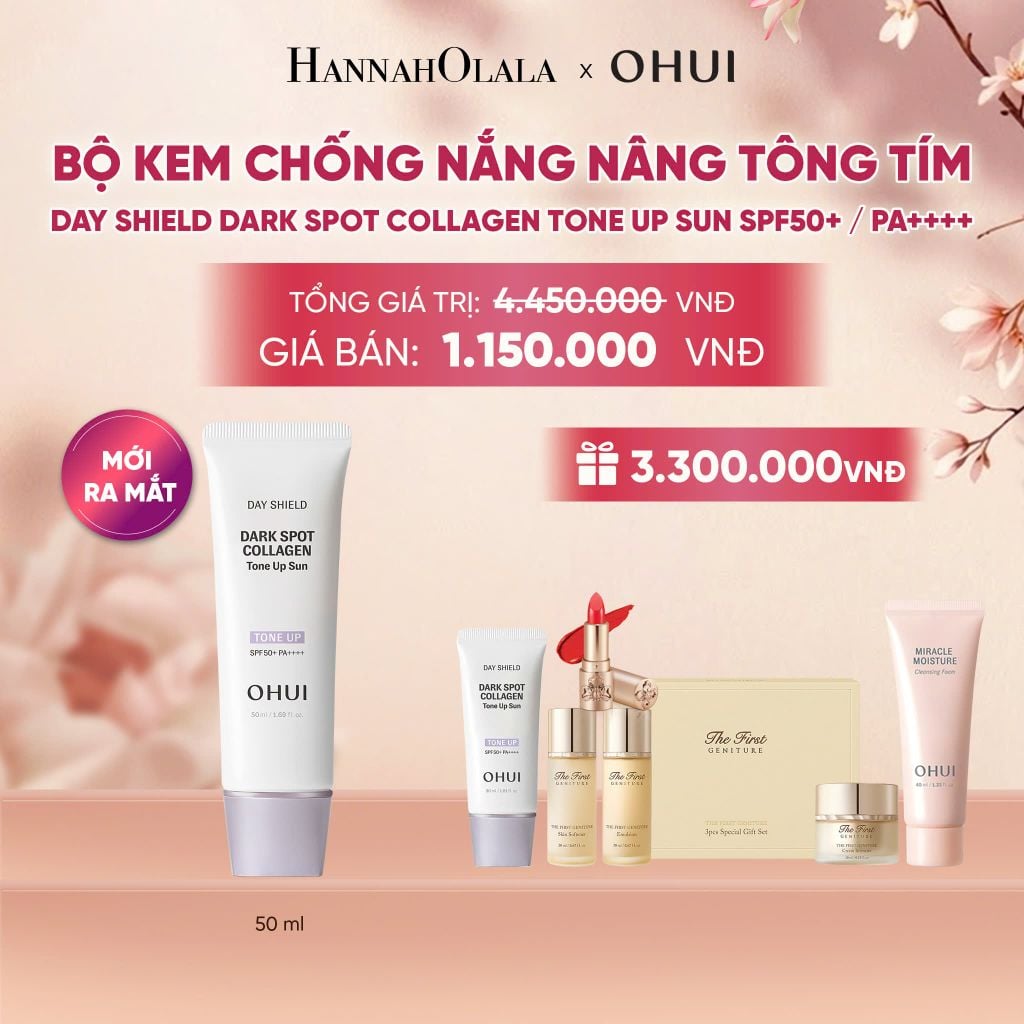  MỚI - BỘ KEM CHỐNG NẮNG NÂNG TÔNG TÍM CHỨA COLLAGEN OHUI DAY SHIELD DARK SPOT COLLAGEN TONE UP SUN SPF50+ / PA++++ 