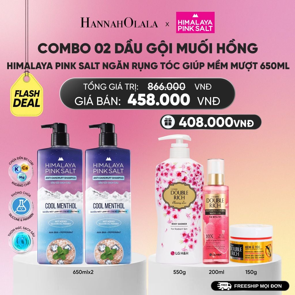  COMBO 02 DẦU GỘI HIMALAYA PINK SALT MUỐI HỒNG CHO DA ĐẦU NGỨA, NGĂN RỤNG TÓC GIÚP MỀM MƯỢT, ÓNG Ả 650ML_A1435 