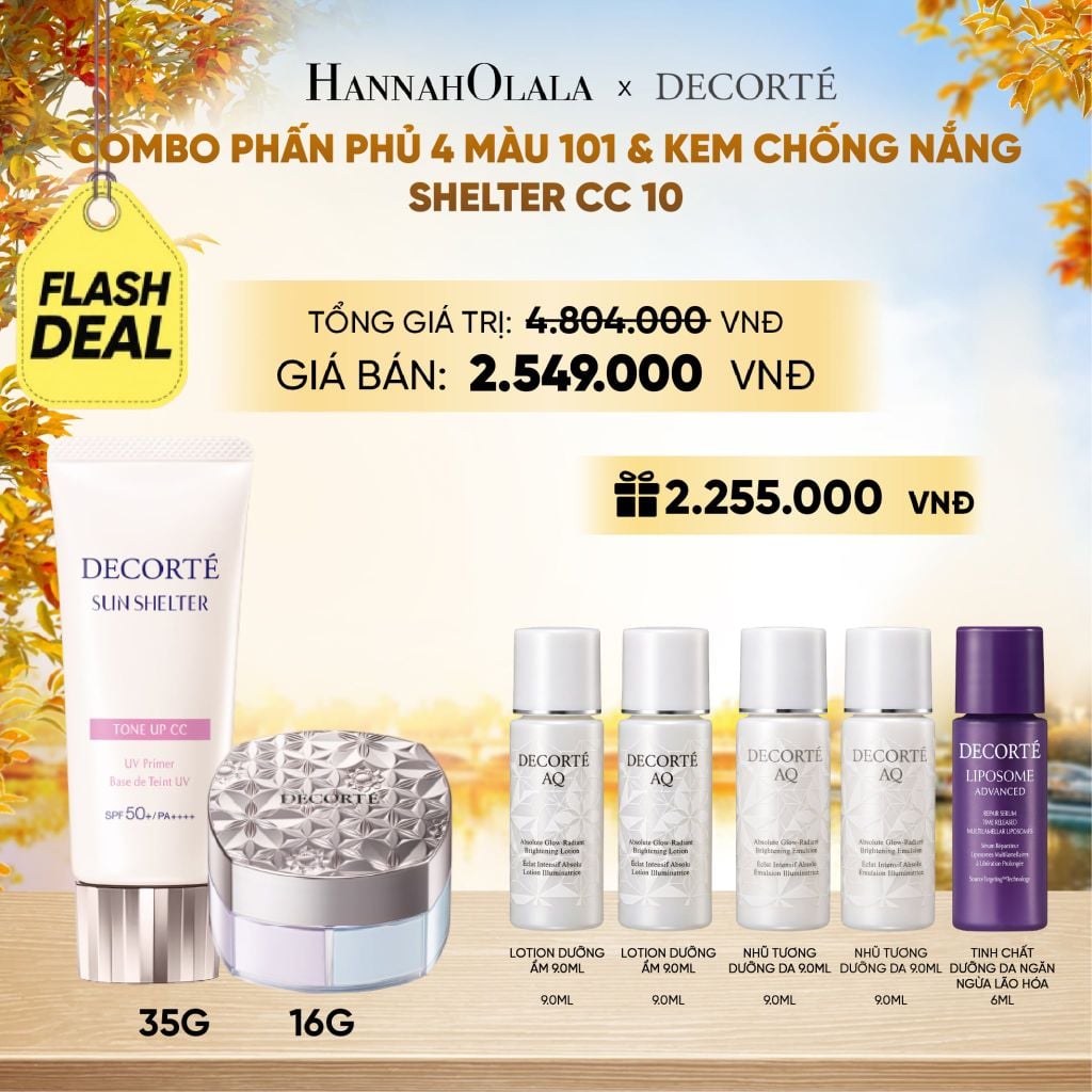  [FLASH DEAL] COMBO PHẤN PHỦ 4 MÀU 101 & KEM CHỐNG NẮNG DECORTÉ SHELTER - E1092 