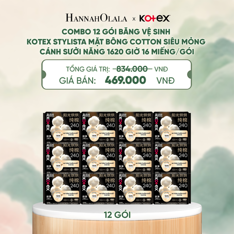  COMBO 12 GÓI BĂNG VỆ SINH KOTEX STYLISTA MẶT BÔNG COTTON SIÊU MỎNG CÁNH SƯỞI NĂNG 1620 GIỜ 16 MIẾNG/GÓI 