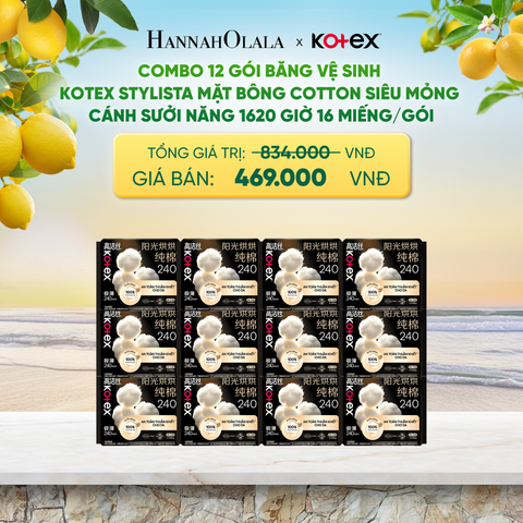  COMBO 12 GÓI BĂNG VỆ SINH KOTEX STYLISTA MẶT BÔNG COTTON SIÊU MỎNG CÁNH SƯỞI NĂNG 1620 GIỜ 16 MIẾNG/GÓI - A773 