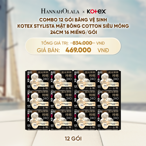  COMBO 12 GÓI BĂNG VỆ SINH KOTEX STYLISTA MẶT BÔNG COTTON SIÊU MỎNG CÁNH SƯỞI NĂNG 1620 GIỜ 16 MIẾNG/GÓI - A121 