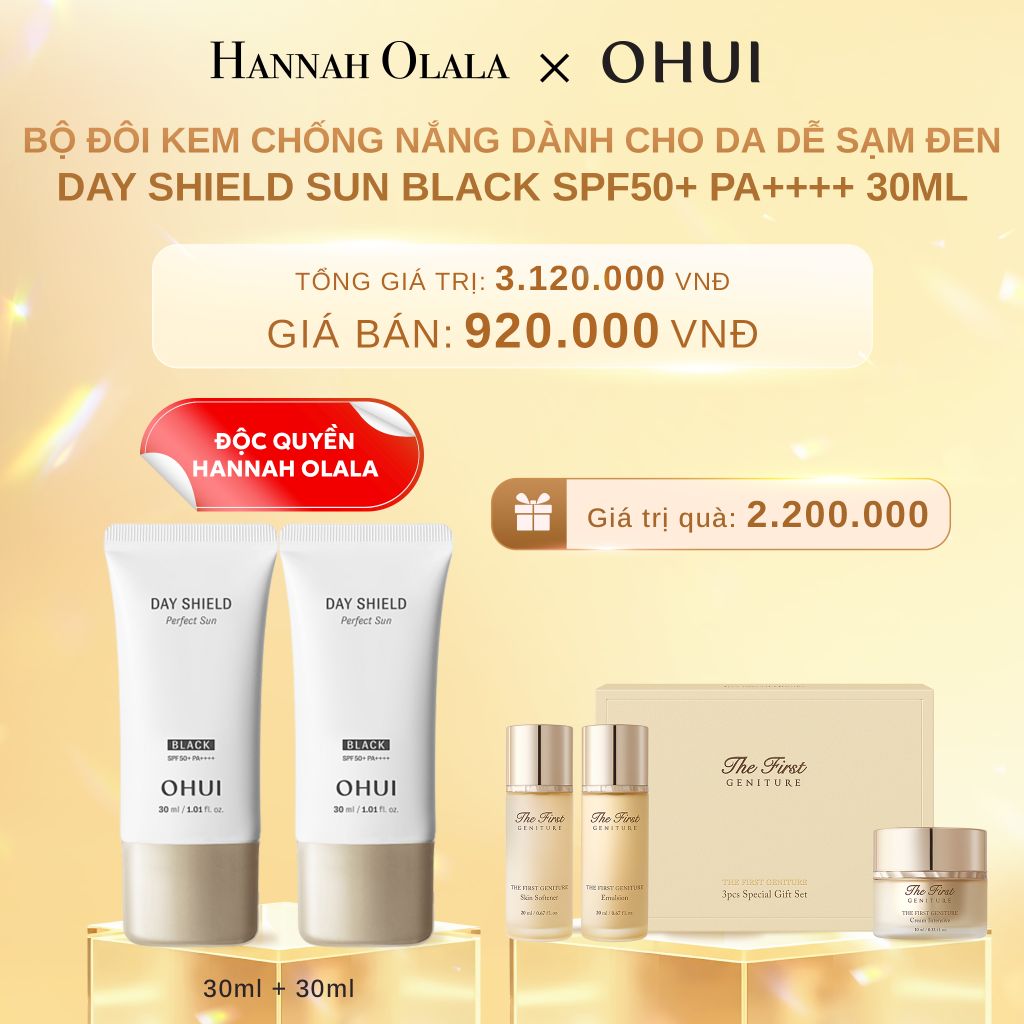  DEAL 46: [ĐỘC QUYỀN HANNAH OLALA] BỘ ĐÔI KEM CHỐNG NẮNG DÀNH CHO DA DỄ SẠM ĐEN OHUI DAY SHIELD SUN BLACK SPF50+ PA++++ 30ML 
