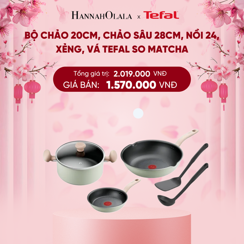  DEAL 22: BỘ CHẢO 20CM, CHẢO SÂU 28CM, NỒI 24, XẺNG, VÁ TEFAL SO MATCHA 