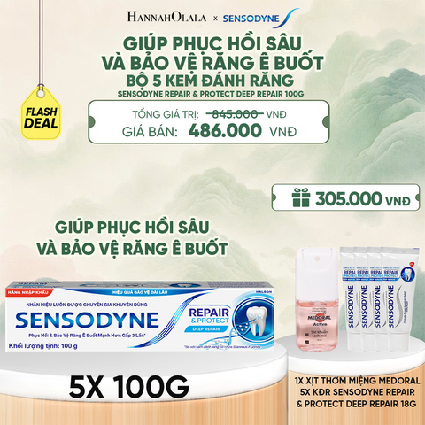  [FLASH DEAL] BỘ 5 KEM ĐÁNH RĂNG SENSODYNE REPAIR & PROTECT DEEP REPAIR 100G GIÚP PHỤC HỒI SÂU VÀ BẢO VỆ RĂNG Ê BUỐT - A1046 