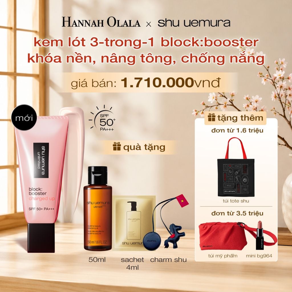  [MỚI] KEM LÓT KHÓA NỀN 24H, NÂNG TÔNG VÀ CHỐNG NẮNG 3-TRONG-1 SHU UEMURA BLOCK:BOOSTER CHARGED UP. 
