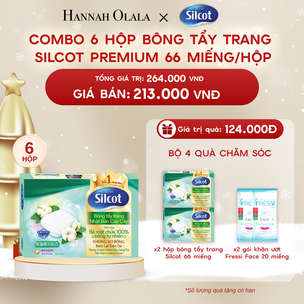  A1438_DEAL 4: COMBO 6 HỘP BÔNG TRANG ĐIỂM (BÔNG TẨY TRANG) CAO CẤP SILCOT PREMIUM 66 MIẾNG/HỘP 