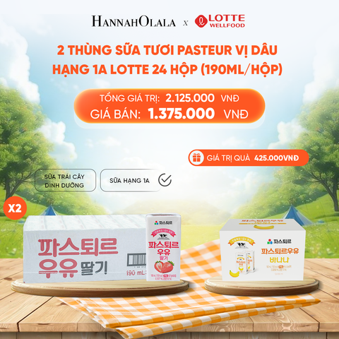  DEAL 4: 2 THÙNG SỮA TƯƠI PASTEUR VỊ DÂU HẠNG 1A LOTTE 24 HỘP (190ml/hộp) TẶNG 12 HỘP SỮA VỊ CHUỐI 
