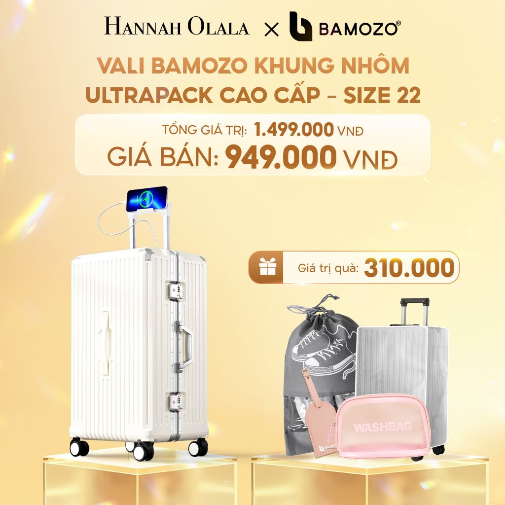  C290_DEAL 5: VALI BAMOZO KHUNG NHÔM ULTRAPACK CAO CẤP (TẶNG BỌC VALI CC TRONG SUỐT + TÚI ĐỰNG GIÀY + THẺ TÊN DA + TÚI MỸ PHẨM VỎ SÒ) 