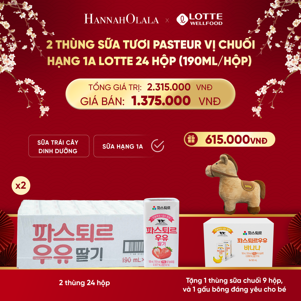  DEAL 4: 2 THÙNG SỮA TƯƠI PASTEUR VỊ DÂU HẠNG 1A LOTTE 24 HỘP (190ml/hộp) TẶNG 1 THÙNG SỮA TƯƠI PASTEUR VỊ CHUỐI HẠNG 1A LOTTE 9 HỘP VÀ GẤU BÔNG ĐÁNG YÊU CHO BÉ 