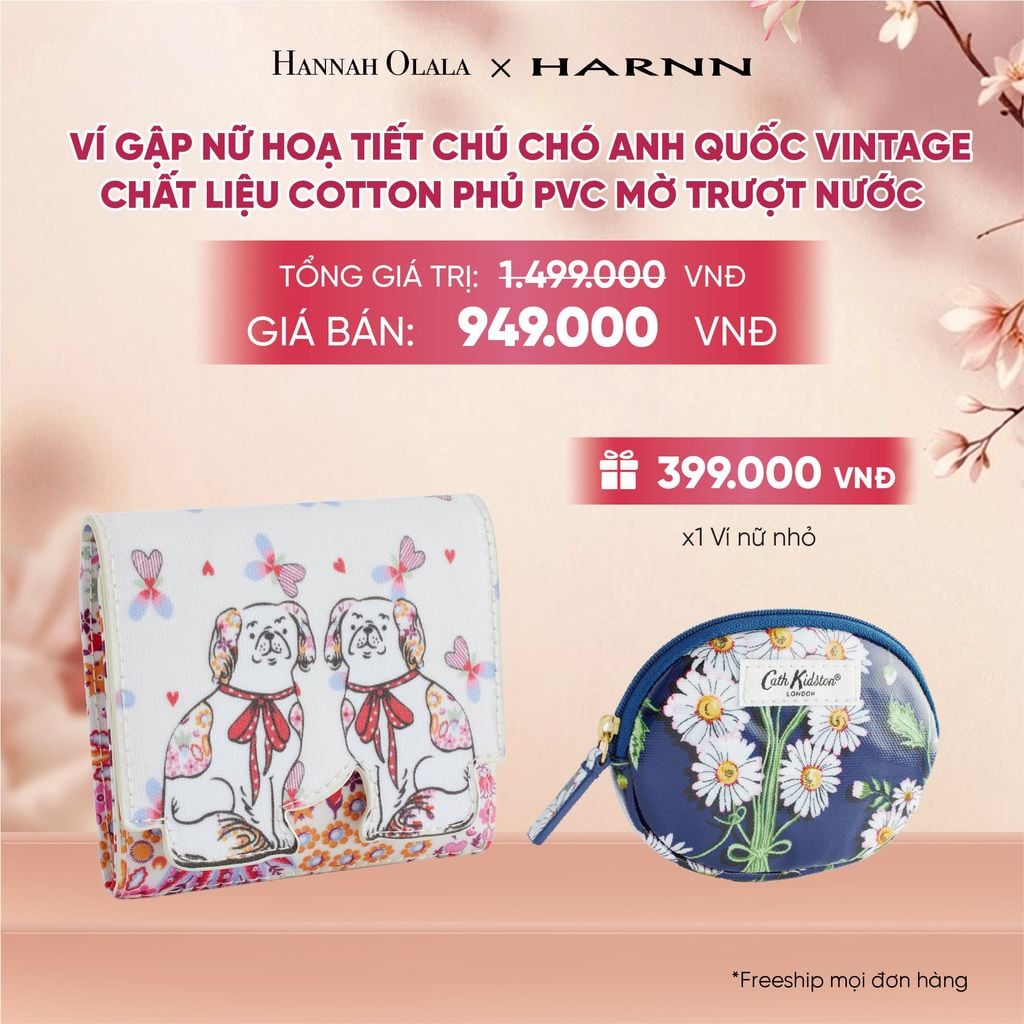 VÍ GẬP NỮ CATH KIDSTON HOẠ TIẾT CHÚ CHÓ ANH QUỐC VINTAGE CHẤT LIỆU COTTON PHỦ PVC MỜ TRƯỢT NƯỚC - A2071 