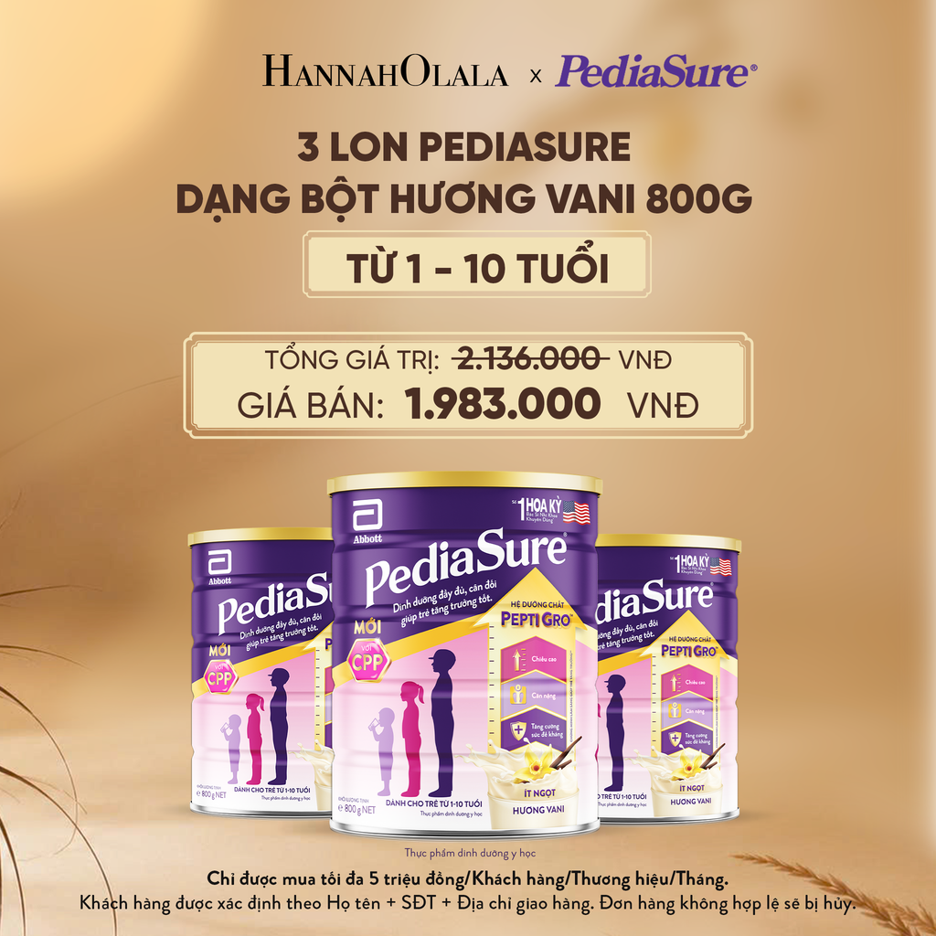  3 LON PEDIASURE DẠNG BỘT HƯƠNG VANI 800G (DÙNG CHO BÉ 1-10 TUỔI) - E227 