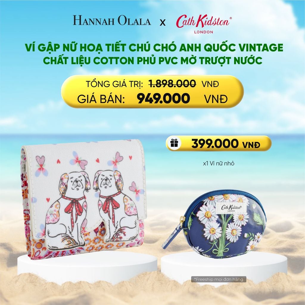  DEAL 4. VÍ GẬP NỮ CATH KIDSTON HOẠ TIẾT CHÚ CHÓ ANH QUỐC VINTAGE CHẤT LIỆU COTTON PHỦ PVC MỜ TRƯỢT NƯỚC 