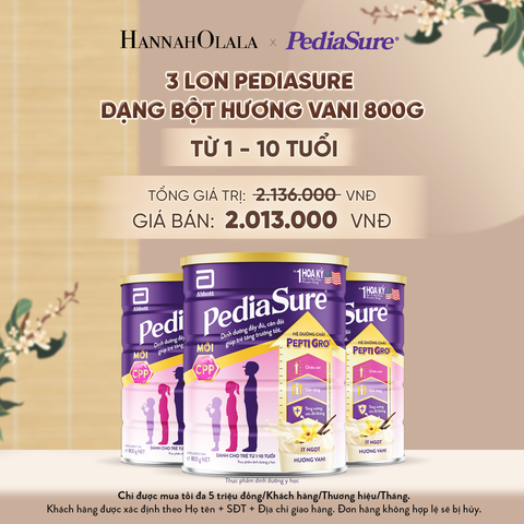  3 LON PEDIASURE DẠNG BỘT HƯƠNG VANI 800G (DÙNG CHO BÉ 1-10 TUỔI) - A851 