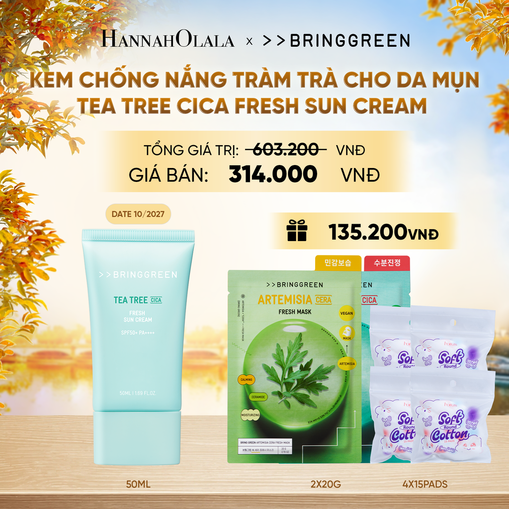  KEM CHỐNG NẮNG TRÀM TRÀ BRING GREEN TEA TREE CICA FRESH SUN CREAM SPF50+ PA++++ 50ML - E526 