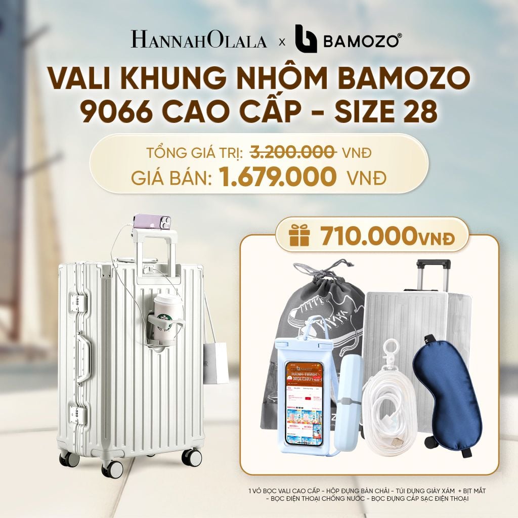  VALI BAMOZO KHUNG NHÔM 9066 BẢN CAO CẤP (TẶNG BỌC VALI CC TRONG SUỐT + HỘP ĐỰNG BÀN CHẢI + TÚI ĐỰNG GIÀY XÁM + TÚI ĐỰNG ĐT CHỐNG NƯỚC + TÚI ĐỰNG CÁP SẠC) - A1592 
