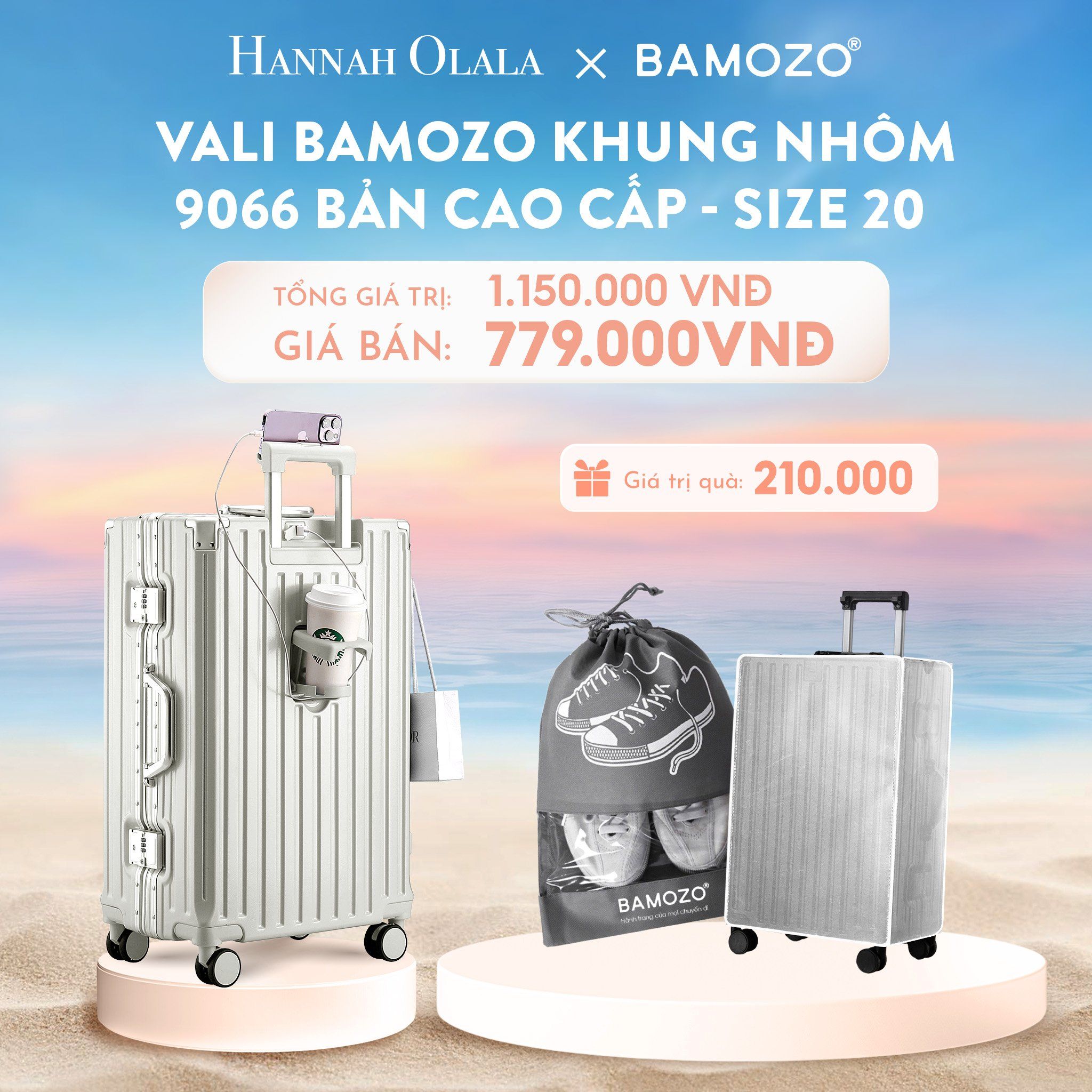  C905_DEAL 1: VALI BAMOZO KHUNG NHÔM 9066 BẢN CAO CẤP (TẶNG BỌC VALI CC TRONG SUỐT + TÚI ĐỰNG GIÀY) 