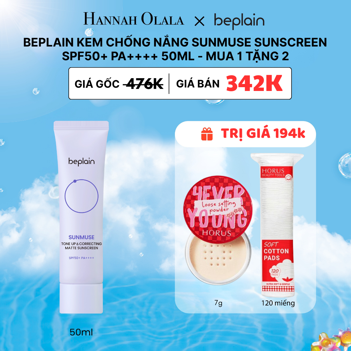  M44_DEAL 3C: KEM CHỐNG NẮNG SUNMUSE TONE UP & CORRECTING MATTE SUNSCREEN SPF50+ PA++++ 50ML (MÀU TÍM NHẠT) 