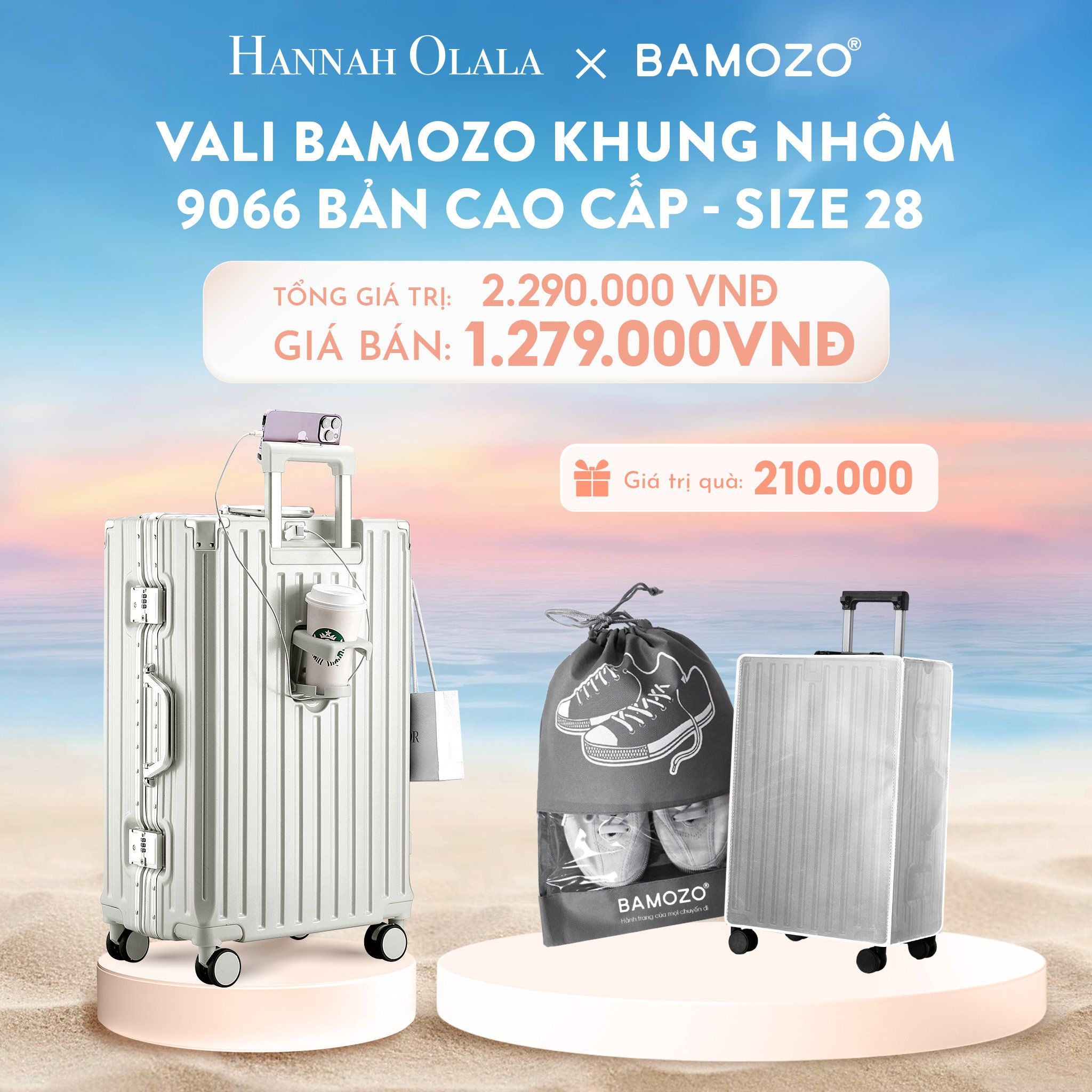  C905_DEAL 1: VALI BAMOZO KHUNG NHÔM 9066 BẢN CAO CẤP (TẶNG BỌC VALI CC TRONG SUỐT + TÚI ĐỰNG GIÀY) 