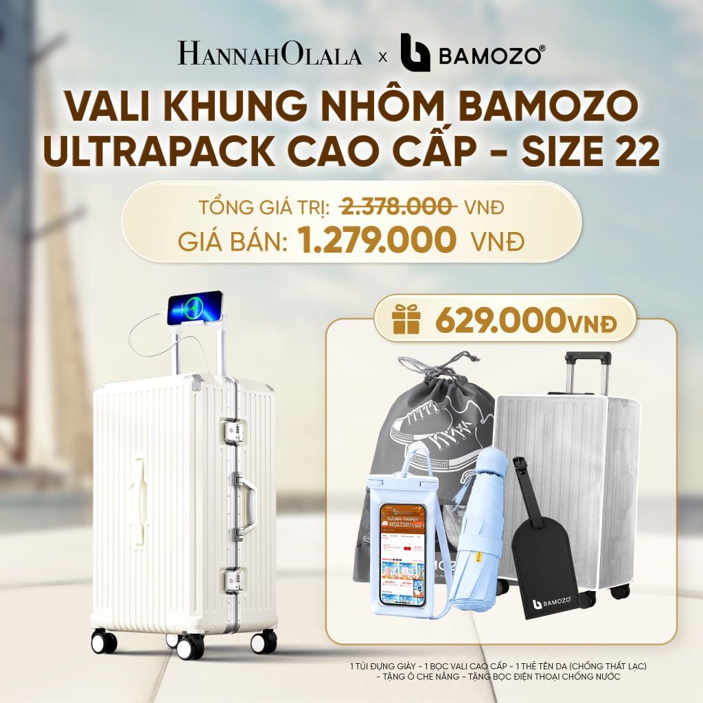  VALI BAMOZO KHUNG NHÔM ULTRAPACK CAO CẤP (TẶNG TÚI ĐỰNG GIÀY + BỌC VALI CC TRONG SUỐT + THẺ TAG DA CHỐNG THẤT LẠC + Ô CHE NẮNG + TÚI ĐỰNG ĐT CHỐNG NƯỚC) - A1624 