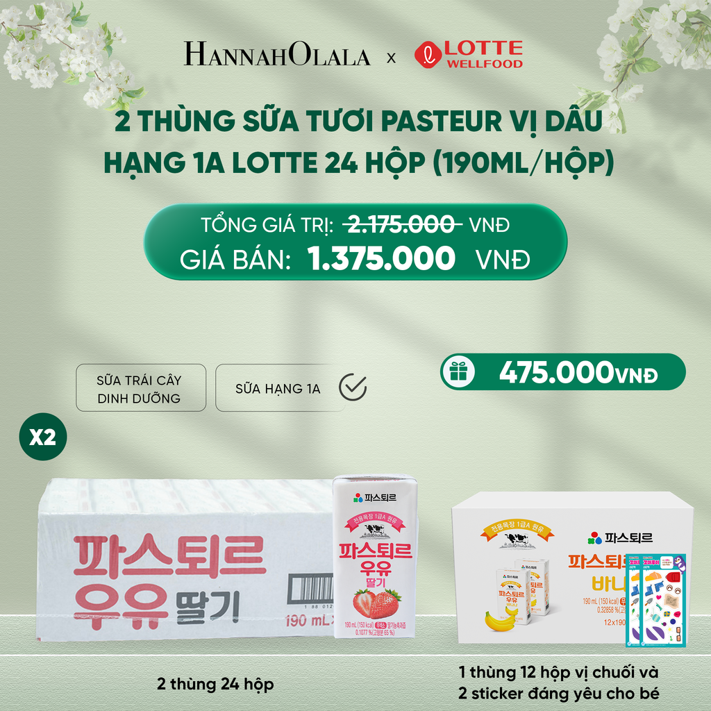  DEAL 4: 2 THÙNG SỮA TƯƠI PASTEUR VỊ DÂU HẠNG 1A LOTTE 24 HỘP (190ml/hộp) TẶNG 1 THÙNG SỮA TƯƠI PASTEUR VỊ CHUỐI HẠNG 1A LOTTE 12 HỘP VÀ 2 STICKER ĐÁNG YÊU CHO BÉ 
