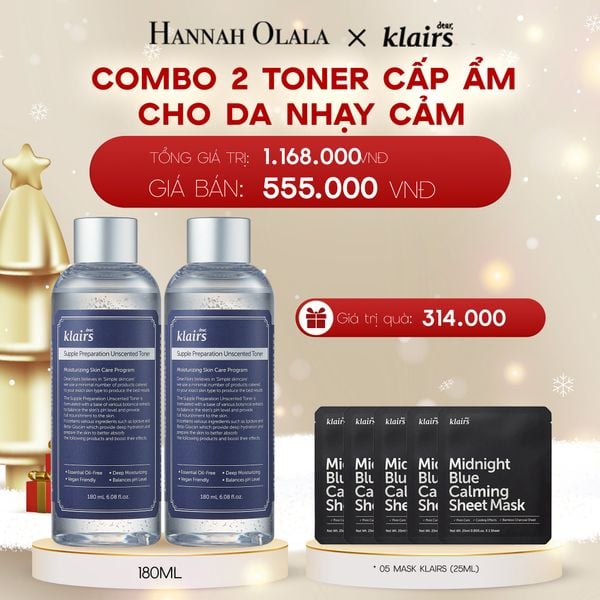  A1000_DEAL 4: COMBO 02 PCS DEAR, KLAIRS NƯỚC HOA HỒNG SUPPLE PREPARATION UNSCENTED TONER 180ML 