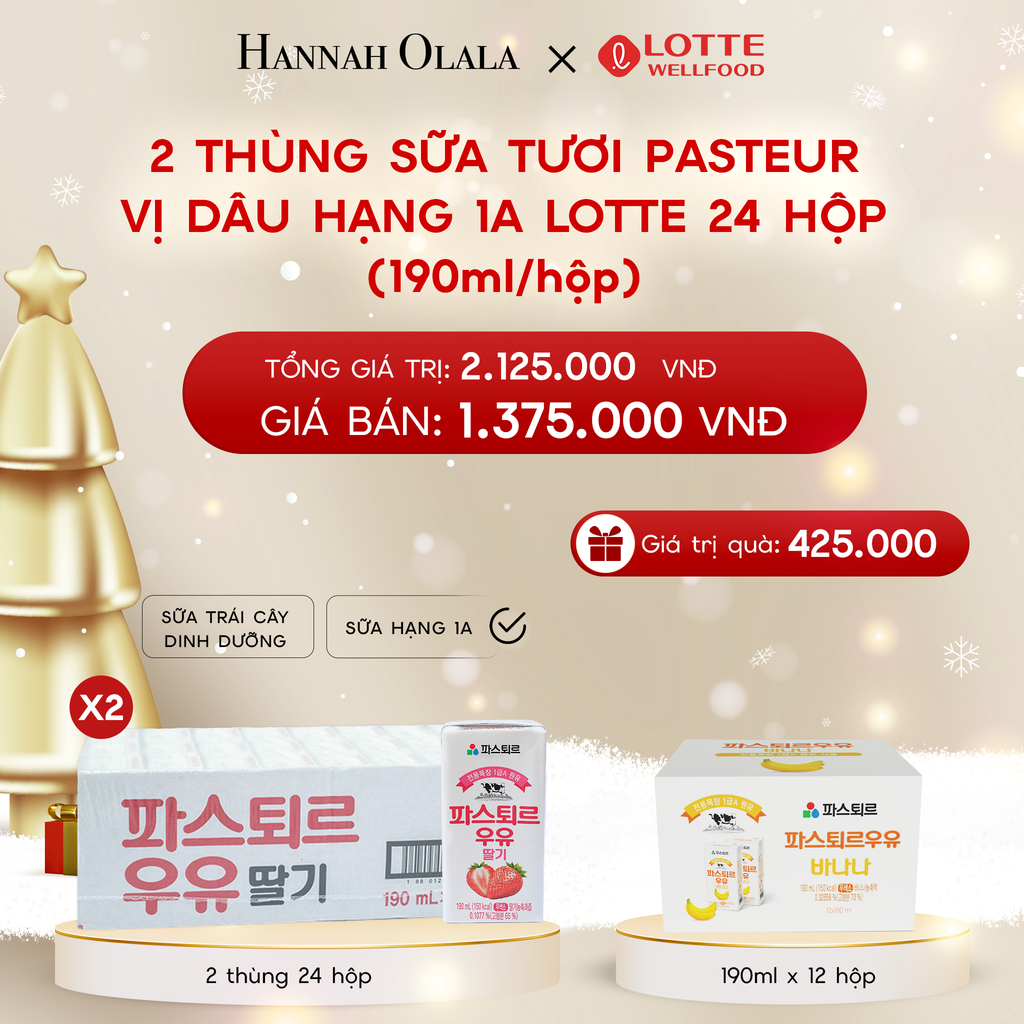  A1305_DEAL 4: 2 THÙNG SỮA TƯƠI PASTEUR VỊ DÂU HẠNG 1A LOTTE 24 HỘP (190ml/hộp) TẶNG 12 HỘP SỮA VỊ CHUỐI 