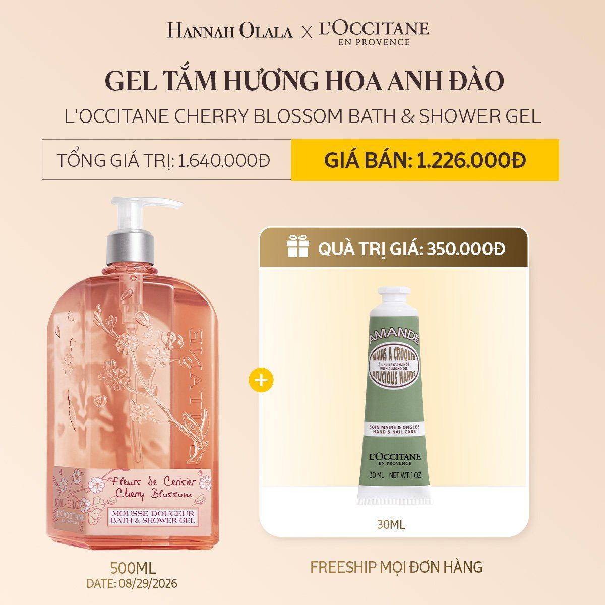  DEAL 4A: GEL TẮM HƯƠNG HOA ANH ĐÀO L'OCCITANE CHERRY BLOSSOM BATH & SHOWER GEL 500ML 