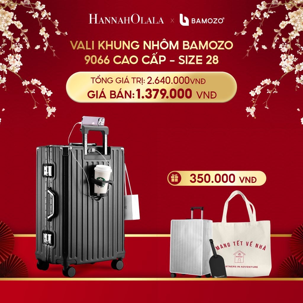  A967_DEAL 2: VALI BAMOZO KHUNG NHÔM 9066 BẢN CAO CẤP (TẶNG BỌC VALI CC TRONG SUỐT + THẺ TAG DA CHỐNG THẤT LẠC + TÚI TOTE) 