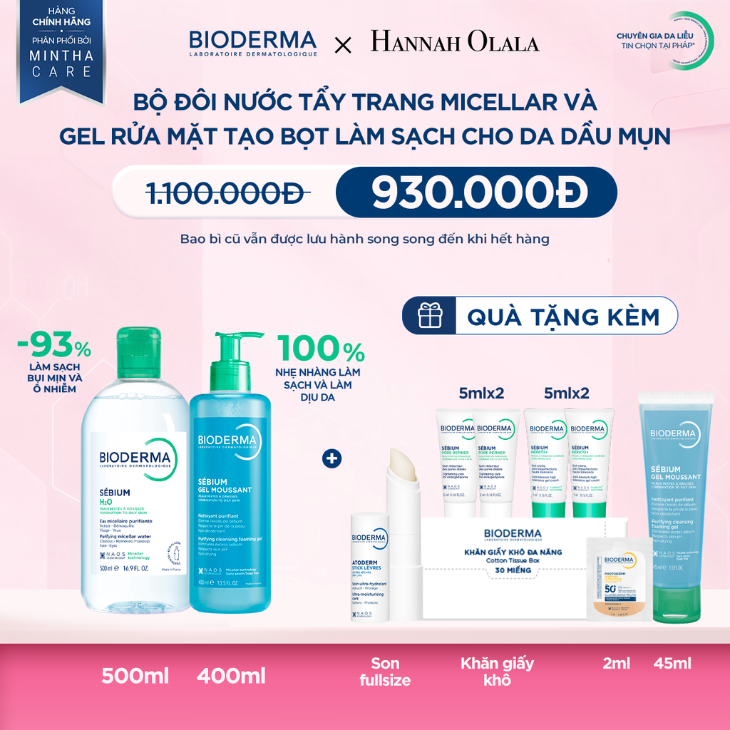  BỘ ĐÔI NƯỚC TẨY TRANG MICELLAR VÀ GEL RỬA MẶT LÀM SẠCH TOÀN DIỆN CHO DA DẦU,MỤN 