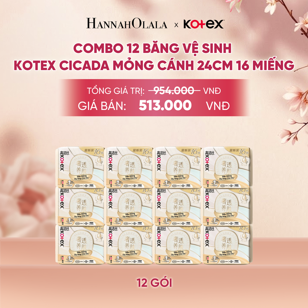  COMBO 12 BĂNG VỆ SINH KOTEX CICADA MỎNG CÁNH 24CM 16 MIẾNG - A117 