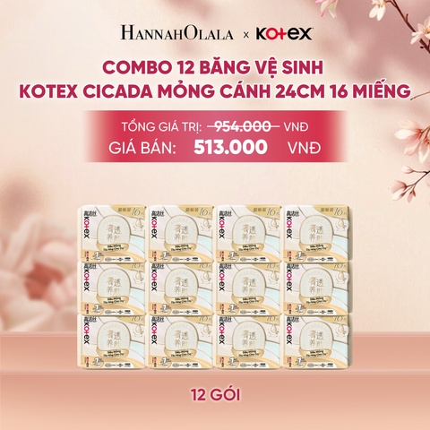  COMBO 12 BĂNG VỆ SINH KOTEX CICADA MỎNG CÁNH 24CM 16 MIẾNG - A117 