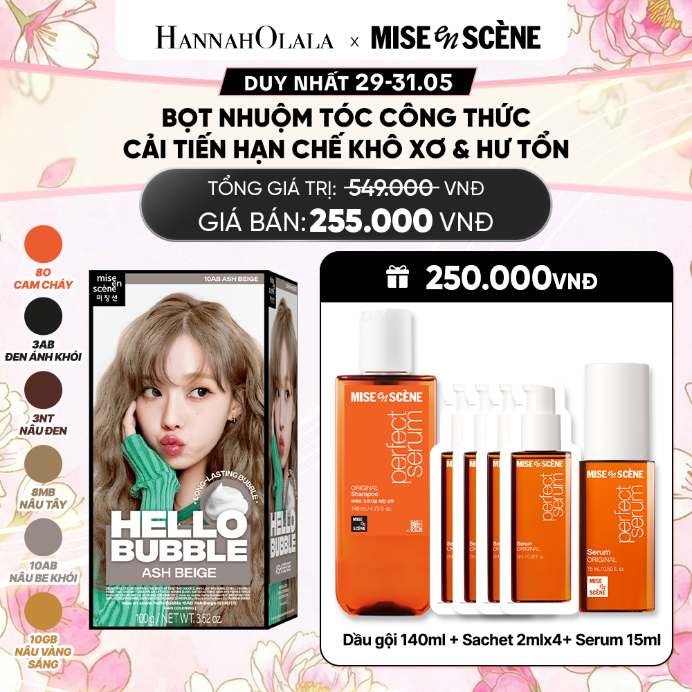  NHUỘM TÓC TẠI NHÀ MISE EN SCÈNE HELLO BUBBLE 100G DẠNG BỌT KEM, CÔNG THỨC CẢI TIẾN MỚI HẠN CHẾ KHÔ XƠ VÀ HƯ TỔN 