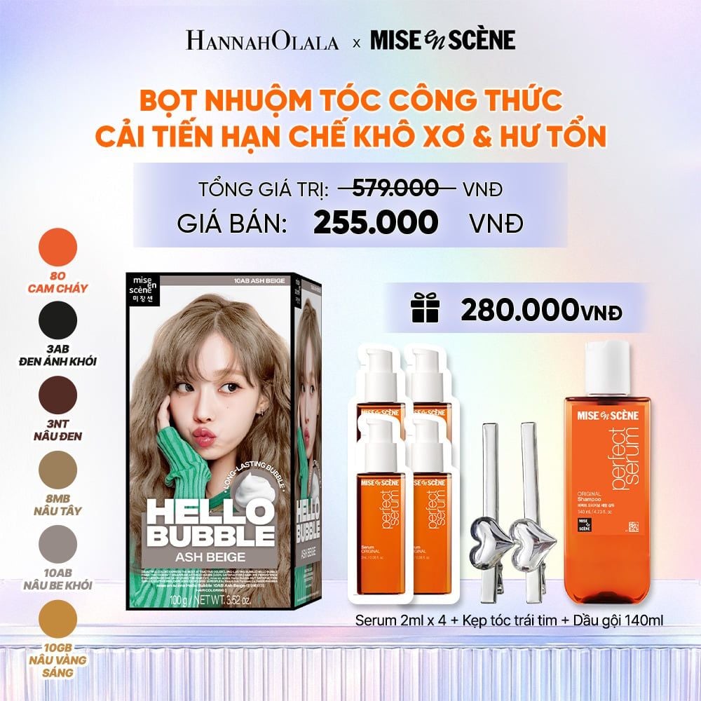  DEAL 5: NHUỘM TÓC TẠI NHÀ MISE EN SCÈNE HELLO BUBBLE 100G DẠNG BỌT KEM CÔNG THỨC CẢI TIẾN MỚI HẠN CHẾ KHÔ XƠ VÀ HƯ TỔN 