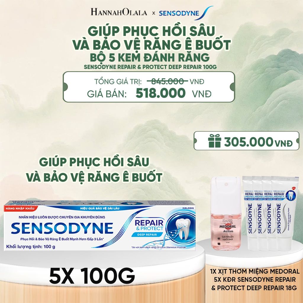  BỘ 5 KEM ĐÁNH RĂNG SENSODYNE REPAIR & PROTECT DEEP REPAIR 100G GIÚP PHỤC HỒI SÂU VÀ BẢO VỆ RĂNG Ê BUỐT - A1052 