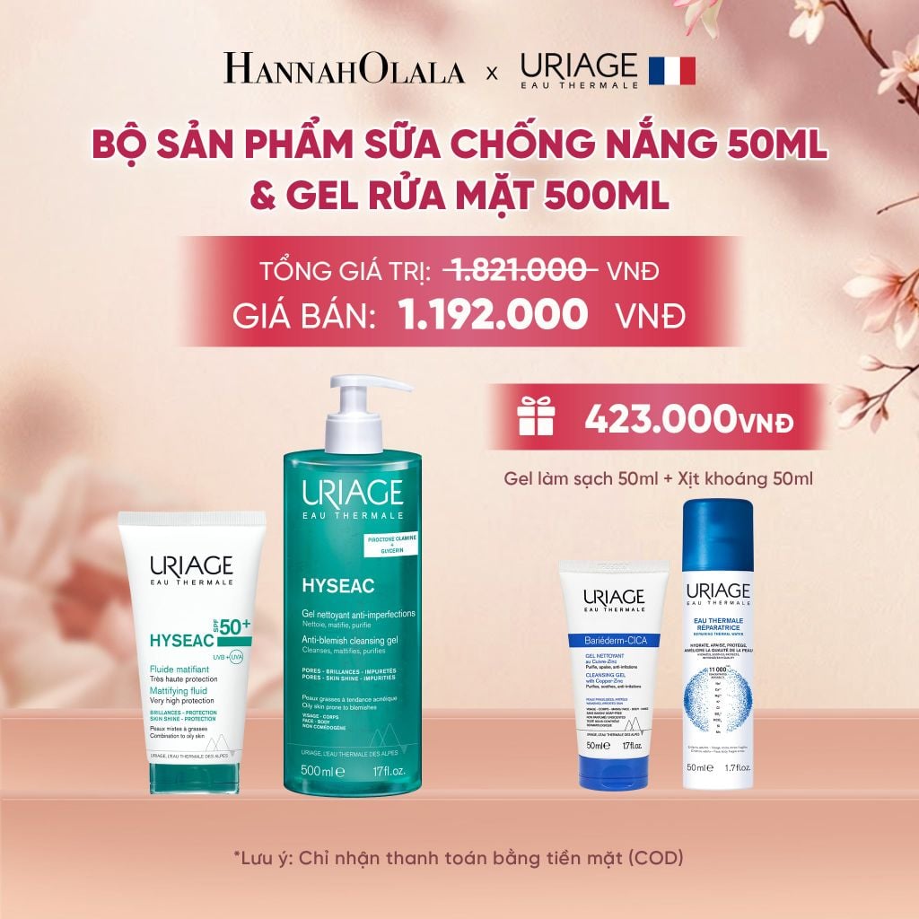  BỘ SẢN PHẨM SỮA CHỐNG NẮNG 50ML & GEL RỬA MẶT 500ML URIAGE HYSEAC CHO DA DẦU MỤN 