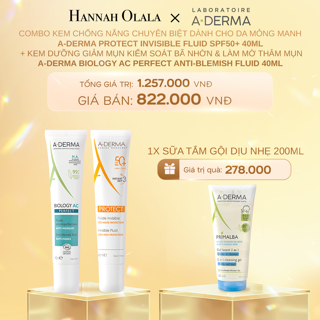  C839_DEAL 7: COMBO KEM CHỐNG NẮNG CHUYÊN BIỆT DÀNH CHO DA MỎNG MANH A-DERMA PROTECT INVISIBLE FLUID SPF50+ 40ML + KEM DƯỠNG GIẢM MỤN KIỂM SOÁT BÃ NHỜN & LÀM MỜ THÂM MỤN A-DERMA BIOLOGY AC PERFECT ANTI-BLEMISH FLUID 40ML 