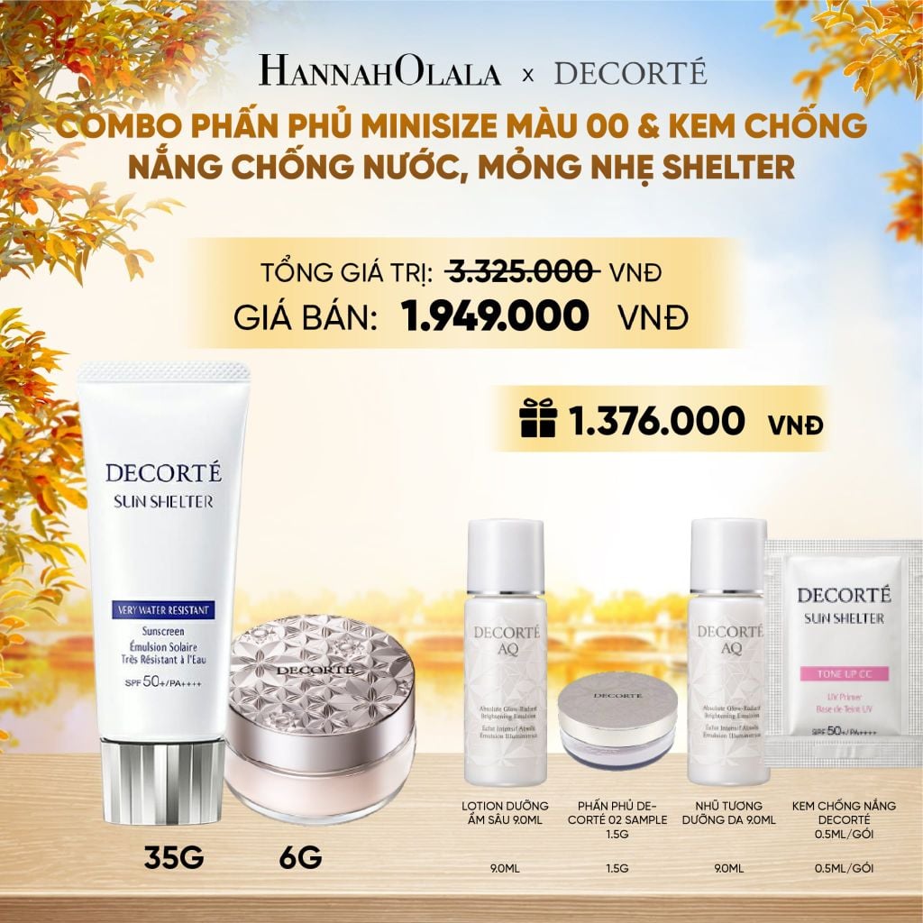  COMBO PHẤN PHỦ MINISIZE MÀU 00 TRONG SUỐT / 01 TRONG SUỐT PHA LÊ & KEM CHỐNG NẮNG DECORTÉ SUN SHELTER - E1104 