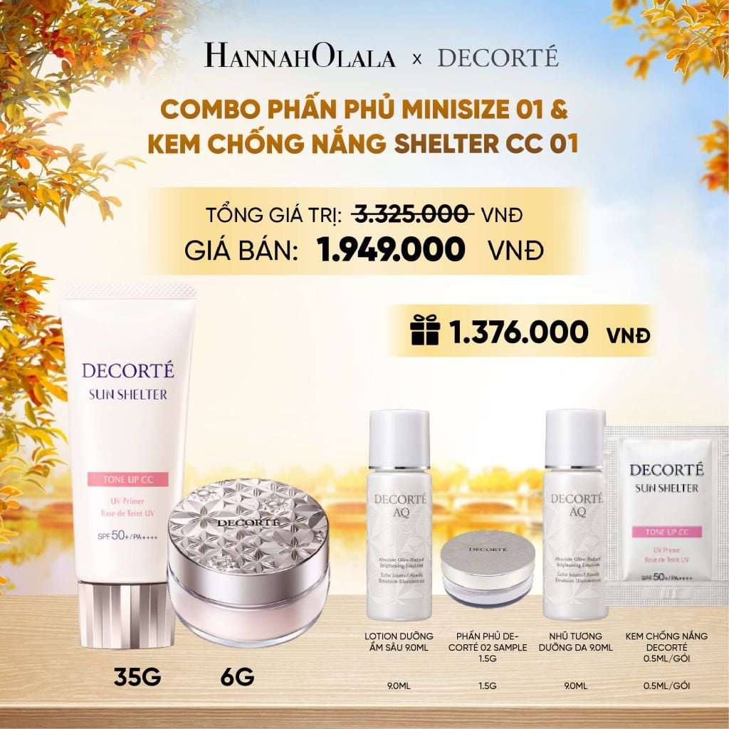  COMBO PHẤN PHỦ MINISIZE MÀU 00 TRONG SUỐT / 01 TRONG SUỐT PHA LÊ & KEM CHỐNG NẮNG DECORTÉ SUN SHELTER - E1104 