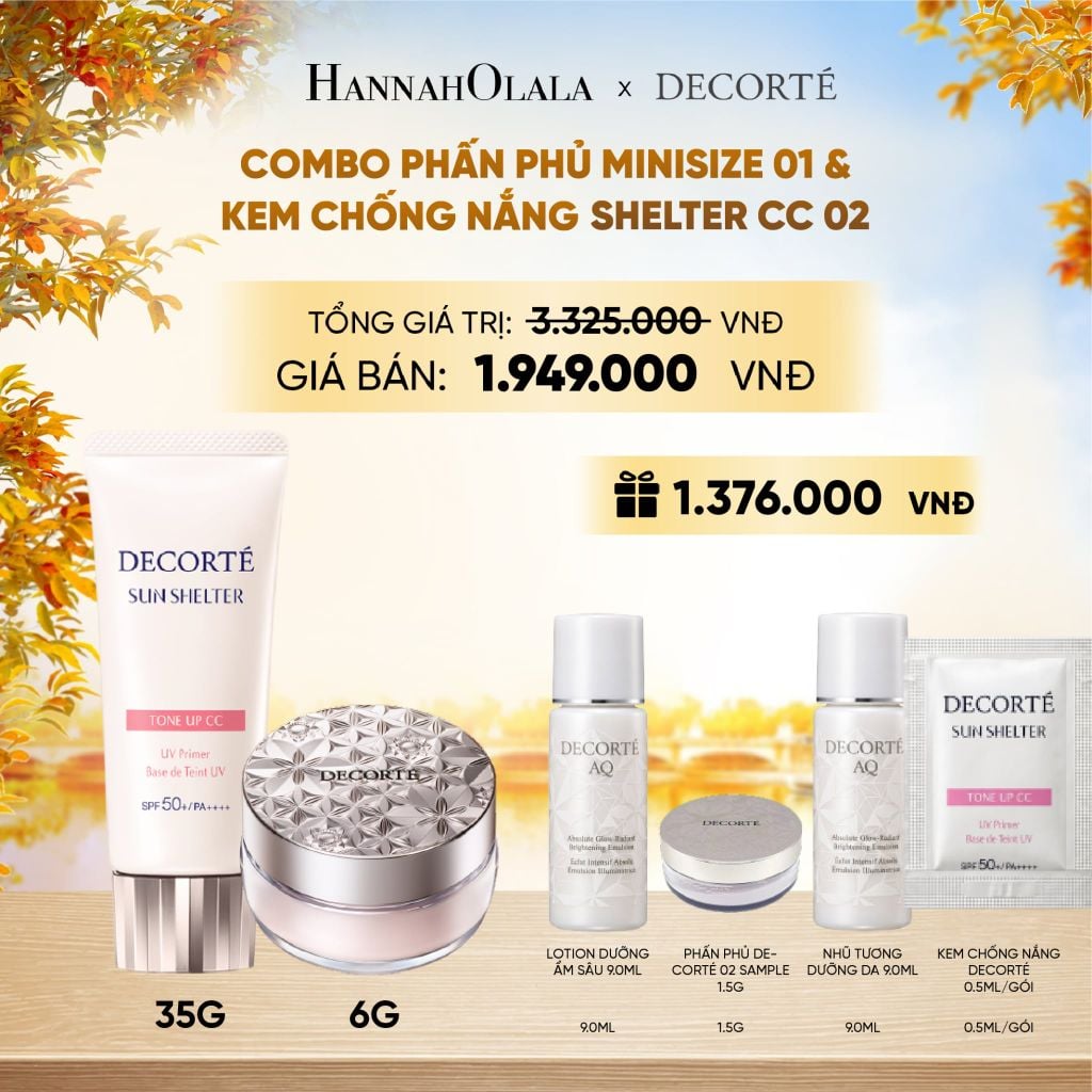  COMBO PHẤN PHỦ MINISIZE MÀU 00 TRONG SUỐT / 01 TRONG SUỐT PHA LÊ & KEM CHỐNG NẮNG DECORTÉ SUN SHELTER - E1104 
