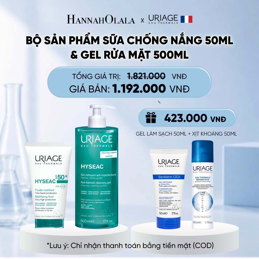  BỘ SẢN PHẨM SỮA CHỐNG NẮNG 50ML & GEL RỬA MẶT 500ML URIAGE HYSEAC CHO DA DẦU MỤN 
