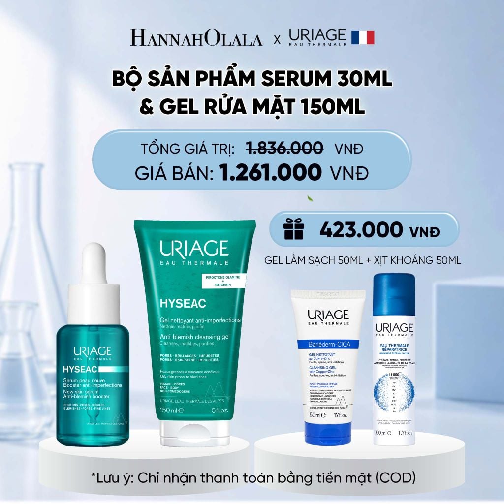  BỘ SẢN PHẨM SERUM 30ML & GEL RỬA MẶT URIAGE HYSEAC 150ML KHÁNG KHUẨN, GIẢM MỤN CHO DA DẦU 