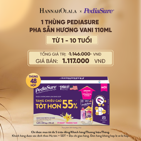  1 THÙNG PEDIASURE PHA SẴN HƯƠNG VANI 110ML (DÙNG CHO BÉ 1-10 TUỔI) - E201 