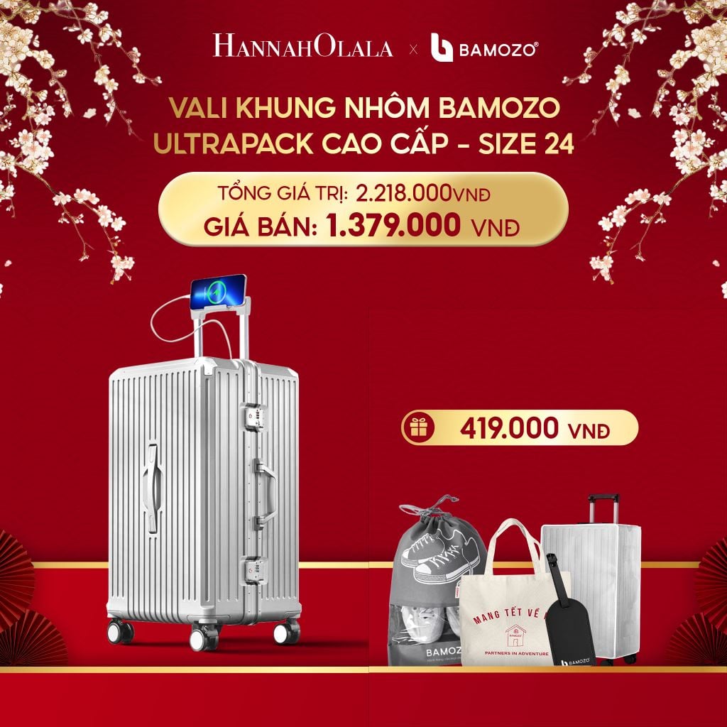  A1003_DEAL 4: VALI BAMOZO KHUNG NHÔM ULTRAPACK CAO CẤP (TẶNG BỌC VALI CC TRONG SUỐT + THẺ TAG DA CHỐNG THẤT LẠC+TÚI TOTE + TÚI ĐỰNG GIÀY 