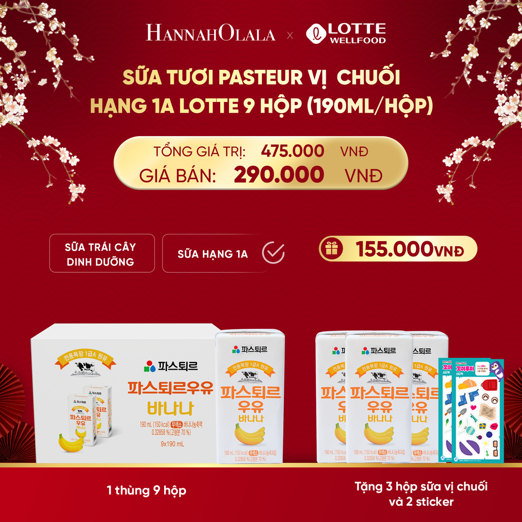  DEAL 5: SỮA TƯƠI PASTEUR VỊ CHUỐI HẠNG 1A LOTTE 9 HỘP (190ml/hộp) TẶNG 3 HỘP SỮA VỊ CHUỐI VÀ 2 STICKER ĐÁNG YÊU CHO BÉ 