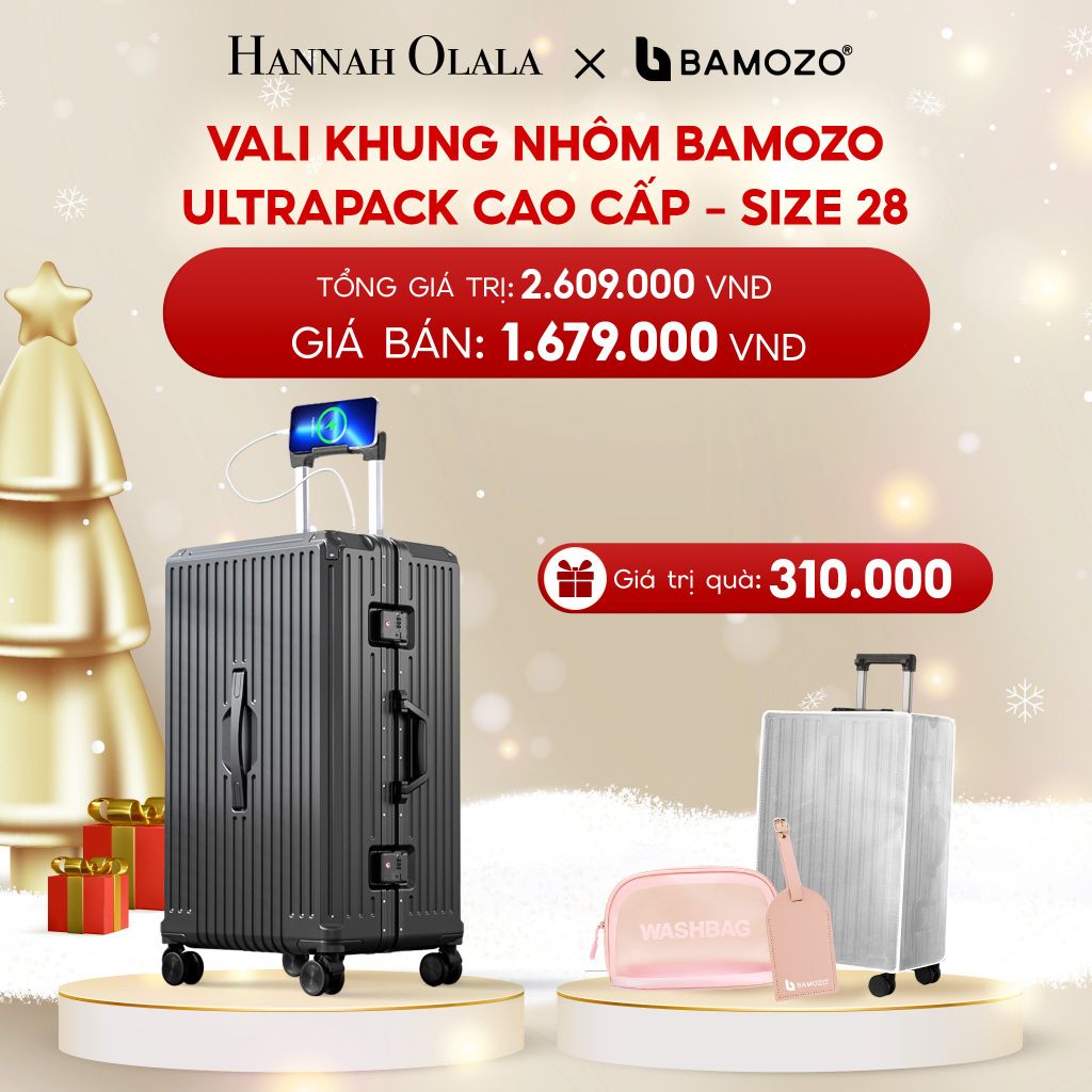  DEAL 4: VALI BAMOZO KHUNG NHÔM ULTRAPACK CAO CẤP (TẶNG BỌC VALI CC TRONG SUỐT + THẺ TÊN DA + TÚI MỸ PHẨM VỎ SÒ) 