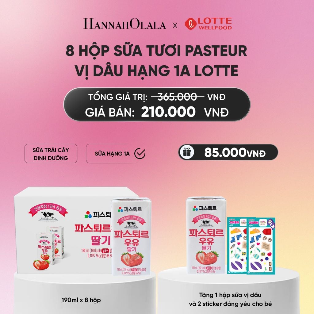  DEAL 5: SỮA TƯƠI PASTEUR VỊ DÂU HẠNG 1A LOTTE 8 HỘP (190ML/HỘP) TẶNG 1 HỘP SỮA VỊ DÂU VÀ 2 STICKER ĐÁNG YÊU CHO BÉ_A1208 