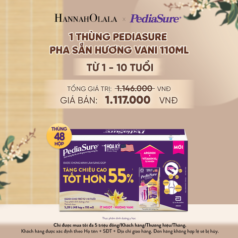  1 THÙNG PEDIASURE PHA SẴN HƯƠNG VANI 110ML (DÙNG CHO BÉ 1-10 TUỔI) - A861 