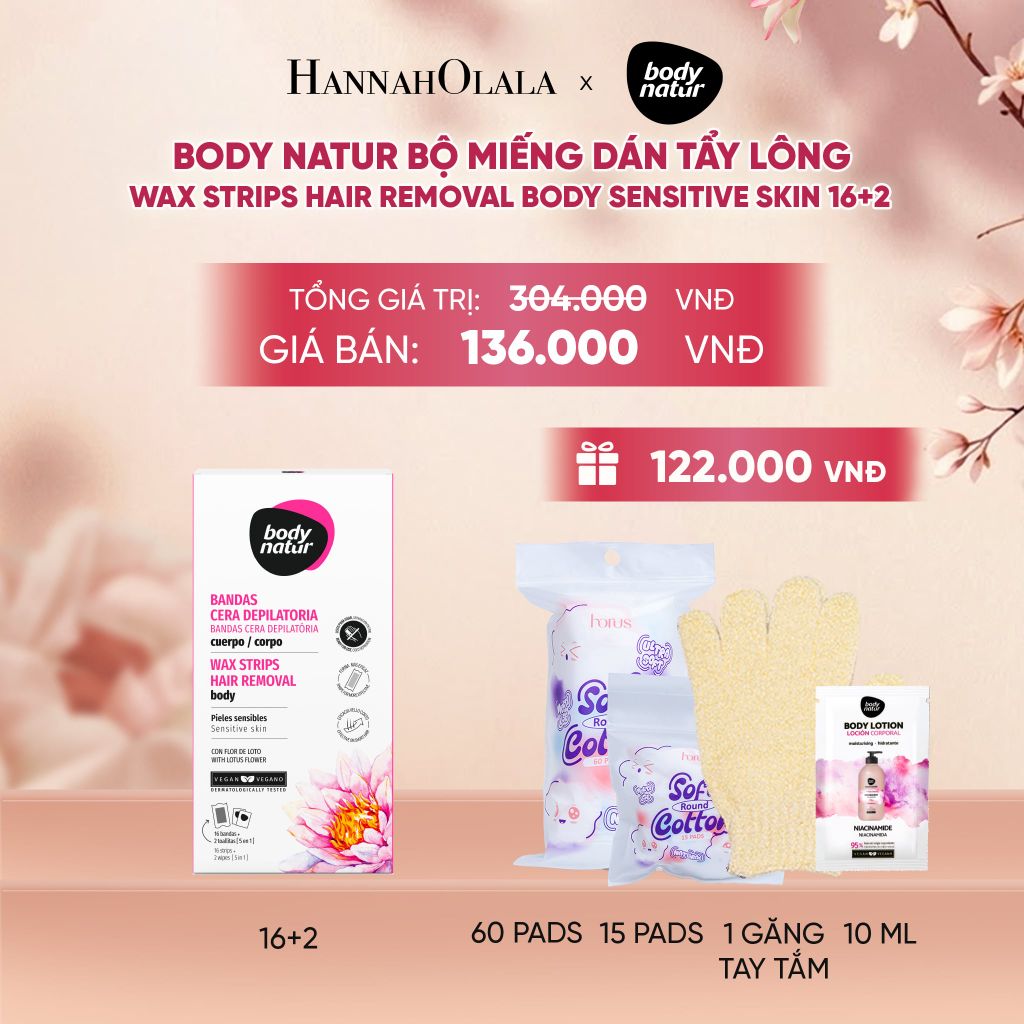  BODY NATUR BỘ MIẾNG DÁN TẨY LÔNG WAX STRIPS HAIR REMOVAL BODY SENSITIVE SKIN 16+2 - A1555 